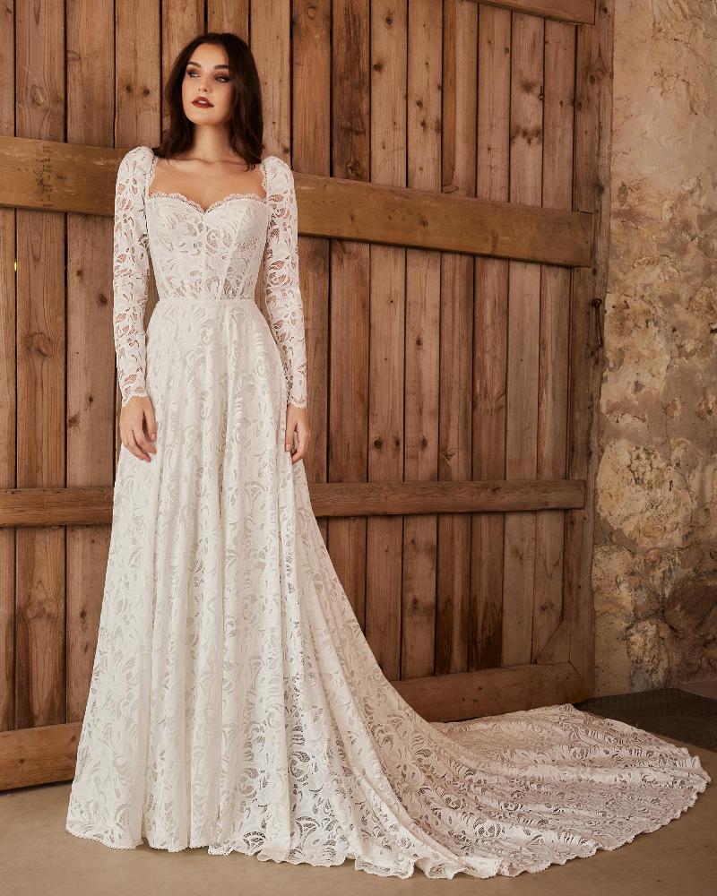 Lp2247 long sleeve boho wedding dress with lace and sweetheart neckline1